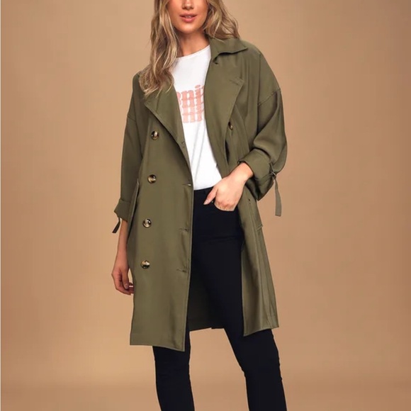 Lulu’s Adventuresome Olive Green Double Breasted Trench Coat - Picture 1 of 7